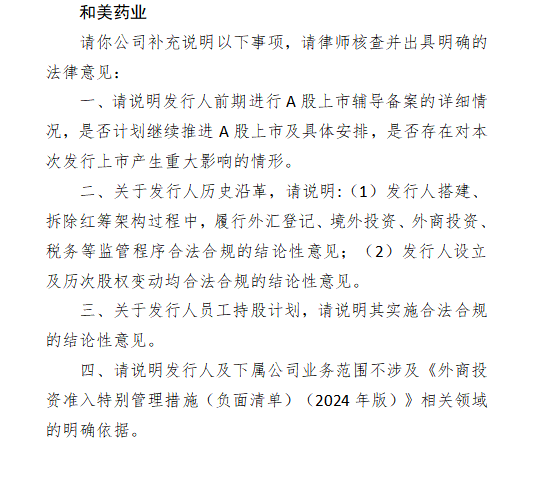 世纪汇通 和美药业赴港上市收证监会反馈：需说明A股辅导、历史沿革等问题，搭建、拆除红筹架构过程中合法合规情况